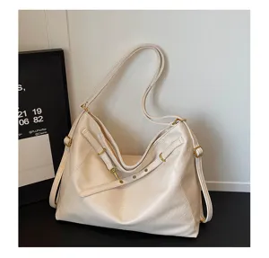 Korean style casual large capacity shoulder underarm bag, versatile white leather tote bag for women.