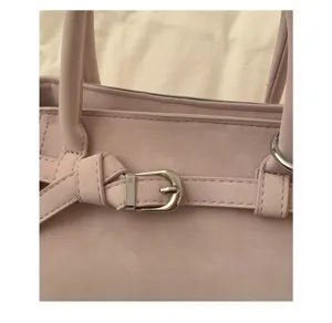 Detail shot of light pink women's handbag featuring metallic buckle and belt design close-up.