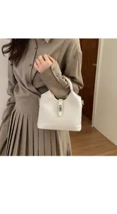 Elegant white bucket bag with padlock strap, premium leather handbag for women commute