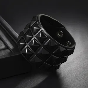Punk rock style 3-row square studded black PU leather wide cuff bracelet for men and boys.
