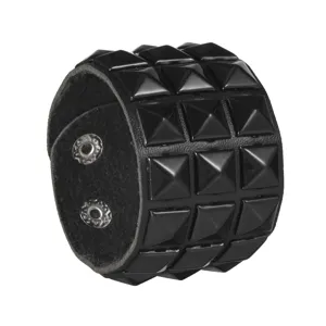 Black PU leather wide cuff bracelet with three rows of pyramid studs, punk rock detail.