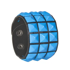 Punk style wide leather bracelet featuring three rows of bright blue pyramid stud rivets for men.