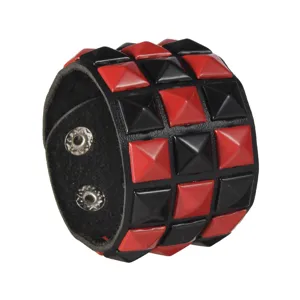 Punk style wide PU leather bracelet with red and black pyramid rivet studs for men and women.