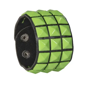 Men's punk rock 3-row green square stud rivet wide PU leather cuff bracelet cool wristband