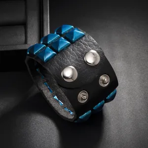 Men's wide black PU leather punk cuff bracelet featuring cool blue pyramid studs and snap buttons.