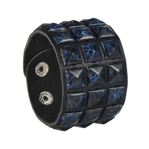 Black PU leather wide bracelet featuring blue splash design and metal snap buttons.