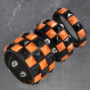 Punk style 3-piece set leather bracelet with black and orange square pyramid studs for edgy look