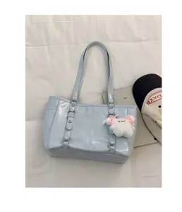 Korean style large capacity patent leather tote bag light blue shoulder bag with cute plush pendant.