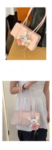 Pink shoulder bag for women cute plush bear pendant minimalist underarm handbag daily style