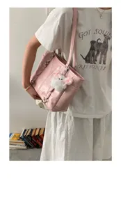 Korean style pink glossy tote bag, versatile shoulder underarm bag for daily commute.