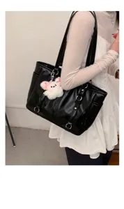 Black glossy tote bag large capacity shoulder bag commuter bag with cute plush bear pendant