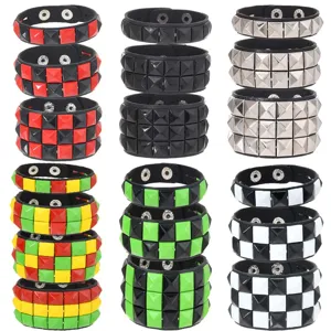Punk wide leather bracelet with metal square studs. Trendy multi-color rock style wristband.