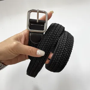 Black woven belt for women and men, casual braided belt with metal buckle for daily wear.