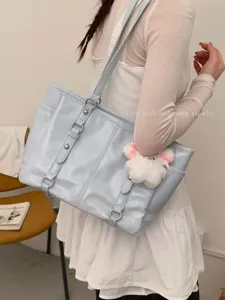 Women Large Capacity Tote Bag PU Leather Casual Commuter Shoulder Bag Simple Solid Color Handbag With Dual Straps