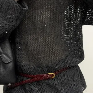 French vintage braided belt for women with small gold buckle, versatile leather accessory.