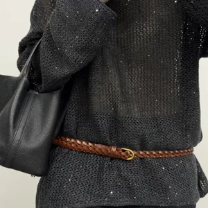 French retro braided leather belt for women, elegant thin belt with small gold buckle for dress.