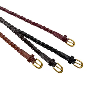 French vintage braided leather belt set for women with delicate small gold buckles.