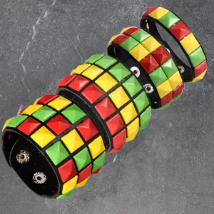 Punk style colorful pyramid studded wide leather bracelet set, trendy unisex rock wristband.