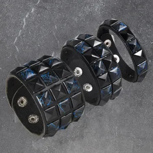 Set of 3 punk black leather rivet bracelets with blue cracked studs cool gothic wristband