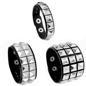 Punk gothic black leather bracelet set with metal pyramid studs, wide rock biker wristbands.