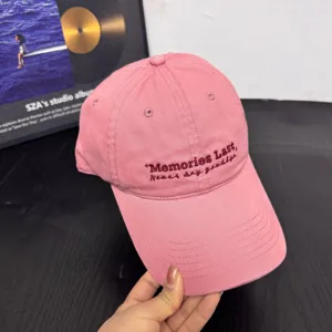 Pink embroidered baseball cap detail view, casual curved brim sun hat for women daily wear.