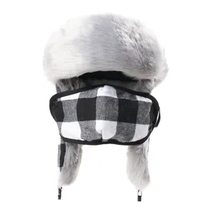 Grey faux fur trapper hat with black and white plaid face mask for winter outdoor skiing