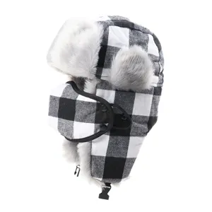 Thickened black white plaid ushanka hat with plush lining face mask and earflaps for cold winter.