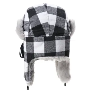 Black and white plaid trapper hat detail showing soft grey faux fur lining and ear flaps.