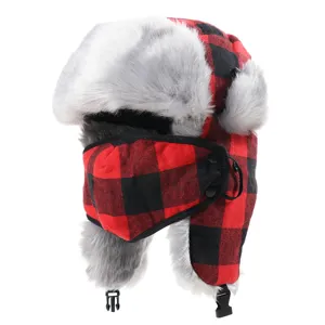 Red black plaid trapper hat winter warm plush ushanka outdoor windproof ski cap with mask.