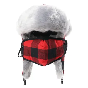 Red and black plaid winter trapper hat with furry earflaps and windproof face mask