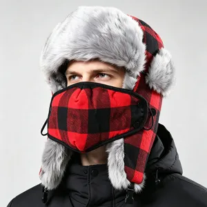 Red and black plaid winter ushanka hat with cozy faux fur trim and detachable face mask.
