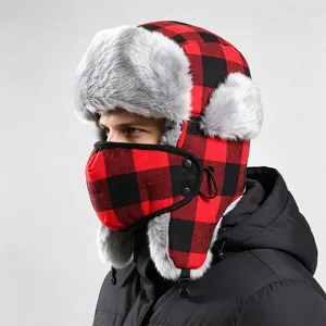 Red and black plaid ushanka hat with face mask faux fur earflaps winter warm ski cap