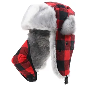 Red and black plaid trapper hat winter warm ushanka with faux fur earflaps for outdoor skiing.