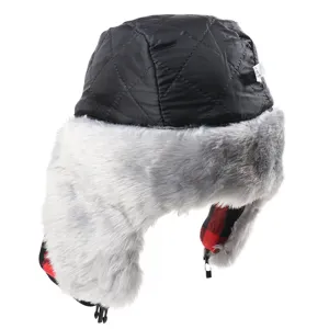 Windproof winter bomber hat with gray faux fur and quilted crown for outdoor skiing.