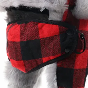 Detail view of red-black plaid winter hat featuring warm fleece lining and adjustable mask strap.