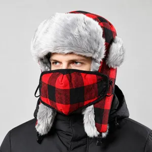 Unisex Winter Plaid Trapper Hat Faux Fur Lining Bomber Hat With Face Mask Windproof Earflap Hat For Skiing Outdoor