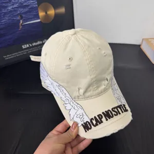 Distressed baseball cap with embroidered wings and stylish letter embroidery for street style.