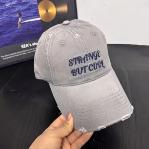 Detalle de gorra de béisbol gris desgastada con eslogan bordado y ala con roturas.