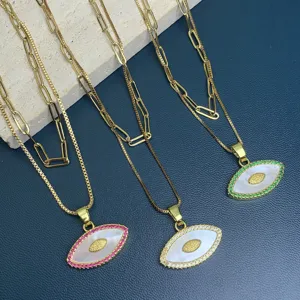 Evil Eye Pendant Necklace For Women 18K Gold Plated Copper Zirconia Mother Of Pearl Double Layer Clavicle Chain