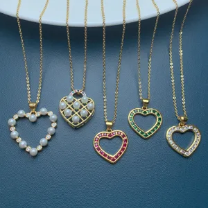 Minimalist Copper Heart Pendant Necklace For Women Gold Plated Rhinestone Artificial Pearl Choker Fashion Jewelry