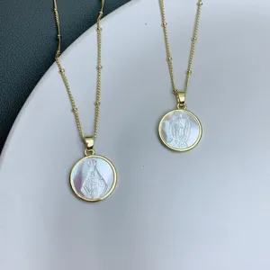 Collar con Colgante de Virgen María de Cobre y Nácar Natural para Mujer Cadena de Clavícula Chapada en Oro Joyería