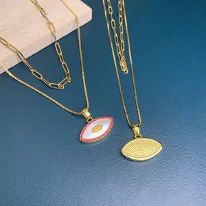 Gold layered evil eye necklaces featuring white mother-of-pearl and crystal accents for women.
