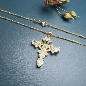 Bellissima Collana Con Ciondolo Croce Malocchio Oro Zircone Vintage Catena Girocollo