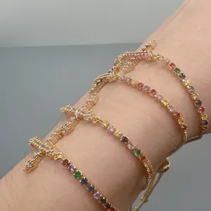 Goudkleurige meerkleurige zircon kruis verstelbare tennis armband voor vrouwen