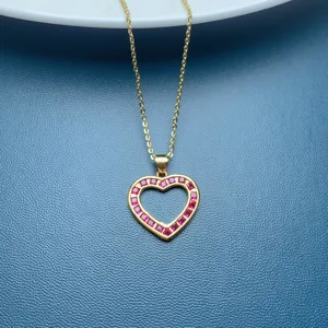Elegant gold-plated heart pendant necklace featuring sparkling red stones for women chic style.