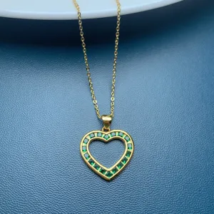 Gold-plated heart pendant necklace with green stones, delicate clavicle chain for women.