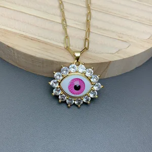 Exquisite gold paperclip chain necklace with a stunning pink evil eye pendant sparkling cubic zirconia.