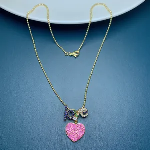 Colorful zircon letter love and pink heart pendant necklace, fashion clavicle chain jewelry.