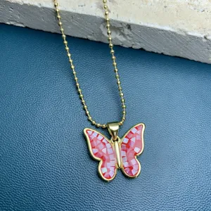 Red mosaic butterfly pendant necklace with gold ball chain, elegant clavicle chain jewelry detail.