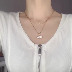 Double layer evil eye necklace with white mother of pearl marquise pendant for women daily chic style